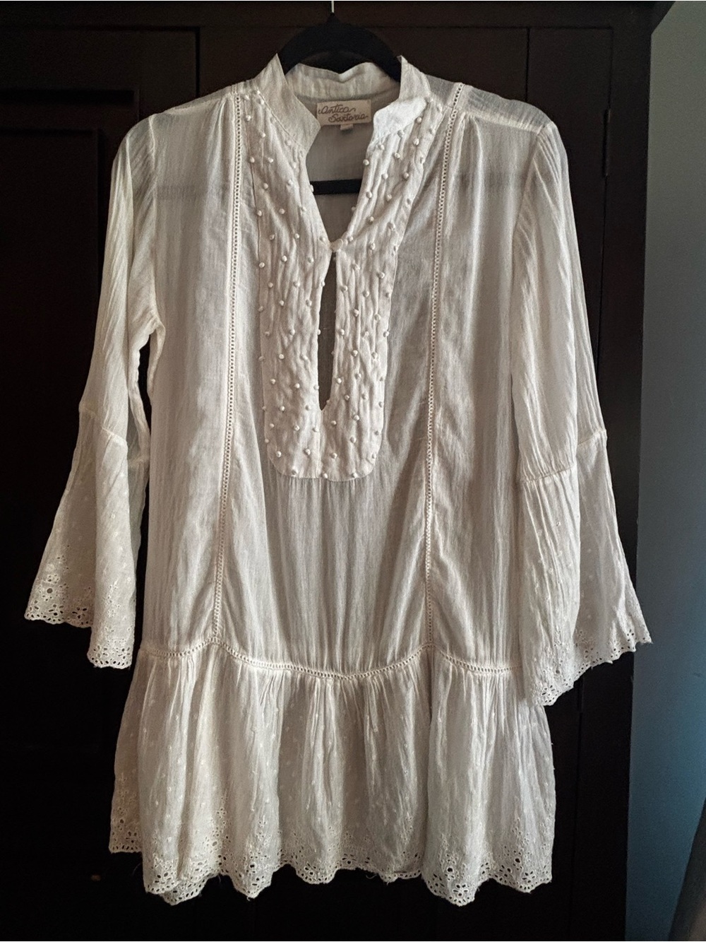 Antica Sartoria White Cotton Boho Tunic Cover Up Eyelet Embroidered Medium M